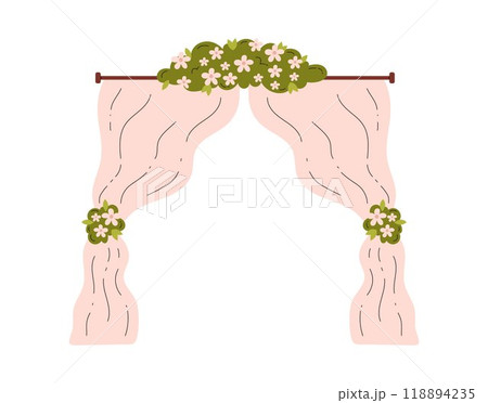 Beautiful white curtains with flowers bouquet, vector wedding ceremony altar with draped arch and chamomile blossom 118894235