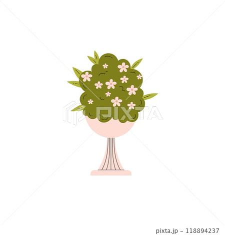 Vector illustration with a large vintage vase with a green bush and white flowers 118894237