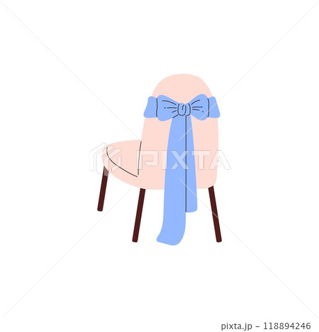 Simple empty chair with a blue ribbon and bow. 118894246