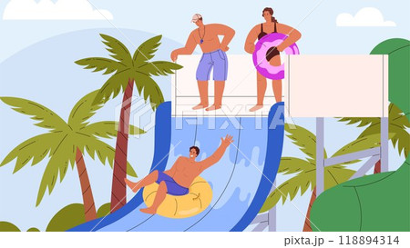 People in water park, enjoy aquapark vector flat illustration, happy man sliding down a water slide in swimming pool People in water park, enjoy aquapark vector flat illustration, happy man sliding down a water slide in swimming pool 118894314