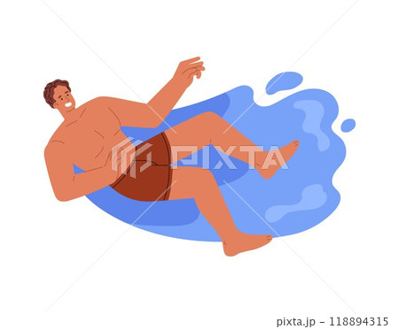 Illustration of a man in swimwear splashing in water while riding a water slide in a water park. 118894315