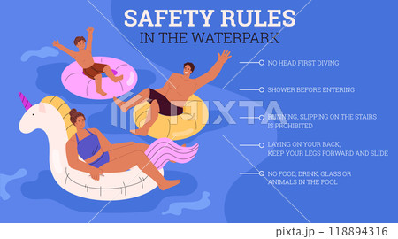 Illustration of a poster with water park safety rules and characters in inflatable rings. 118894316
