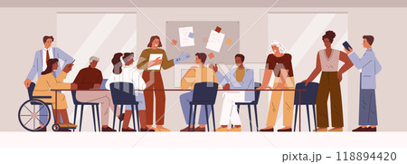 Vector illustration depicting a diverse business team including a person with disabilities at a meeting 118894420