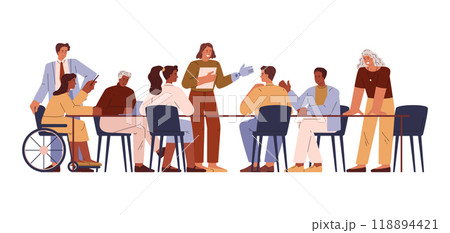 People have business meeting in office, vector disabled employee in wheelchair, performer with prosthetic arm, teamwork People have business meeting in office, vector disabled employee in wheelchair, performer with prosthetic arm, teamwork 118894421