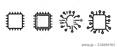 CPU processor or semiconductor chip circuit icon set collection line outline black on white background computer microchip symbol 118894761