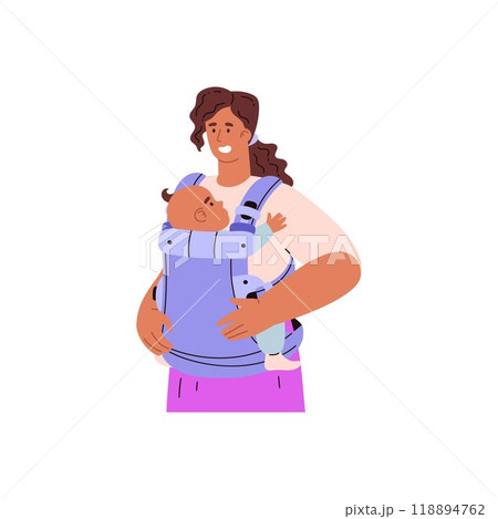 Mother gently supports baby in ergo baby carrier. 118894762