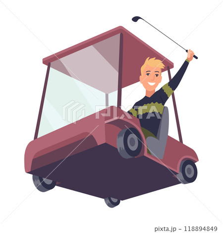 Golf player, male golfer on golf car. Leisure sport, game on lawn on summer holiday. Flat vector illustration isolated on white background Golf player, male golfer on golf car. Leisure sport, game on lawn on summer holiday. Flat vector illustration isolated on white background 118894849