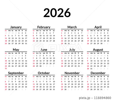 2026 calendar. Week starts on Sunday. Simple calendar layout. Yearly diary. Minimal stationery template with 12 months, in English. Pocket or wall formats 2026 calendar. Week starts on Sunday. Simple calendar layout. Yearly diary. Minimal stationery template with 12 months, in English. Pocket or wall formats 118894860