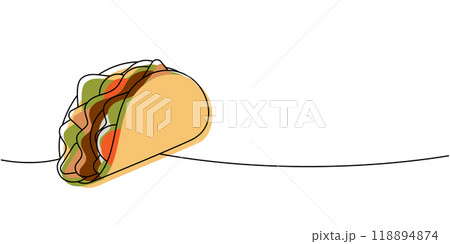 Mexican taco with ground beef one line colored continuous drawing. Traditional Mexican street fast food. Vector linear illustration. Mexican taco with ground beef one line colored continuous drawing. Traditional Mexican street fast food. Vector linear illustration. 118894874