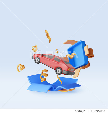 3D car flies out of gift box in confetti 3D car flies out of gift box in confetti 118895083