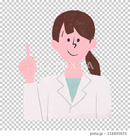 A woman in a medical lab coat is pointing up 118895635