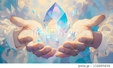 虹色にきらめく結晶を持つ人の手のイラスト 118895656