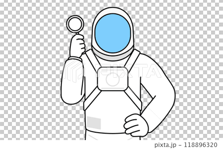 虫メガネを持って腰に手を当てる宇宙飛行士 虫メガネを持って腰に手を当てる宇宙飛行士 118896320
