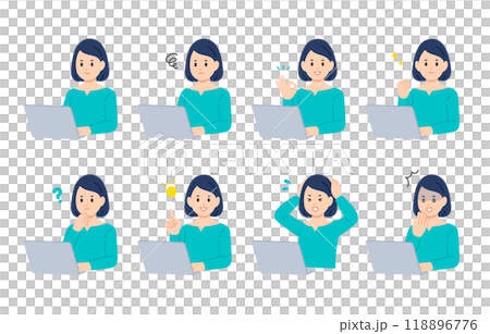 A set of young women with various expressions and poses while looking at a computer [People vector illustration material] 118896776