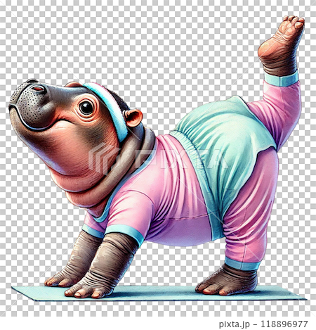 A cartoon hippo doing yoga poses in colorful workout attire. 118896977