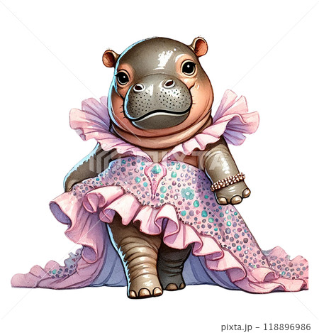 Charming hippo in a pink dress with frills, isolated on a white background. 118896986