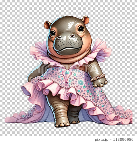 Charming hippo in a pink dress with frills, isolated on a white background. 118896986