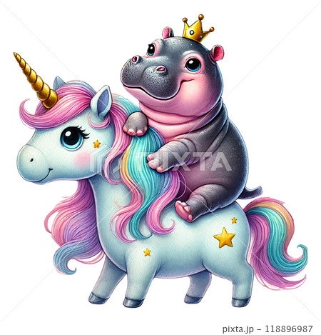 Colorful unicorn with a hippo, whimsical design on a white isolated background. 118896987