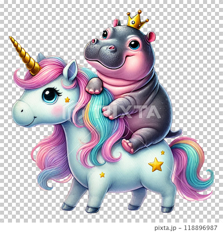 Colorful unicorn with a hippo, whimsical design on a white isolated background. 118896987