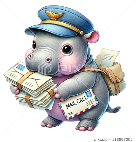 Cute cartoon hippo in a delivery outfit holding letters and mail. 118897003