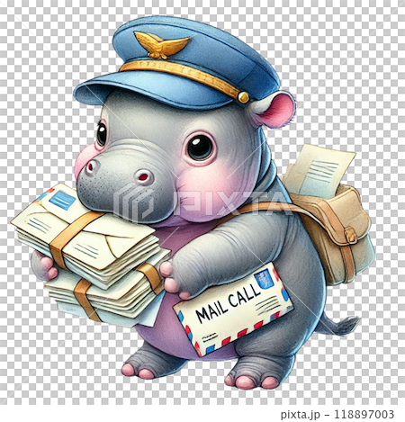 Cute cartoon hippo in a delivery outfit holding letters and mail. 118897003