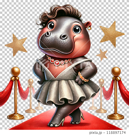 Stylish hippo character on a red carpet with stars in a glamorous setting. Stylish hippo character on a red carpet with stars in a glamorous setting. 118897174