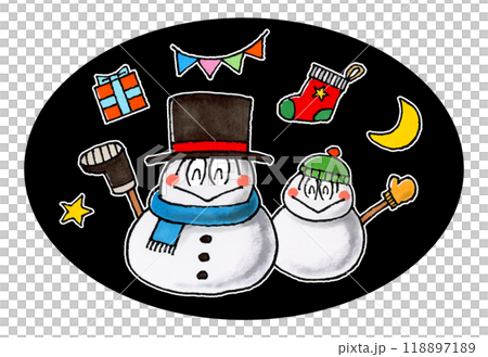 雪だるまの親子(プレゼント、ガーランド、靴下、月、星) 雪だるまの親子(プレゼント、ガーランド、靴下、月、星) 118897189