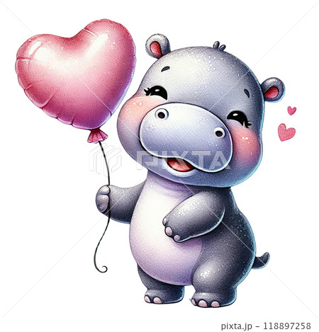 Cute hippo holding a heart balloon, white isolated background. 118897258