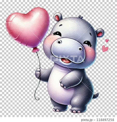 Cute hippo holding a heart balloon, white isolated background. 118897258