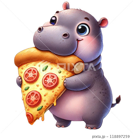 Cute hippo holding a slice of pizza, white isolated background 118897259