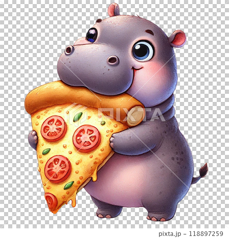 Cute hippo holding a slice of pizza, white isolated background 118897259