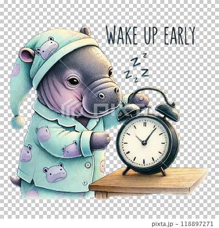 Cute hippopotamus in pajamas waking up early with an alarm clock. 118897271