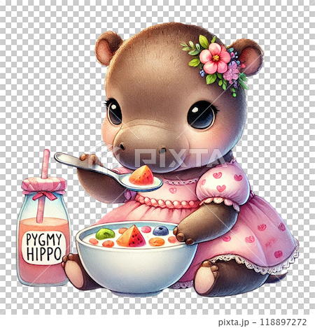 Cute pygmy hippo girl in a pink dress, enjoying cereal and milk, isolated background. 118897272