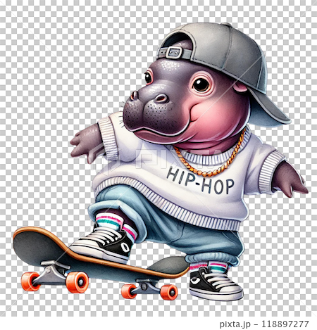 Hippo character skating with style on a skateboard, vibrant colors. 118897277