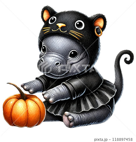 Cute hippo dressed as a cat holding a pumpkin, white isolate background. 118897458