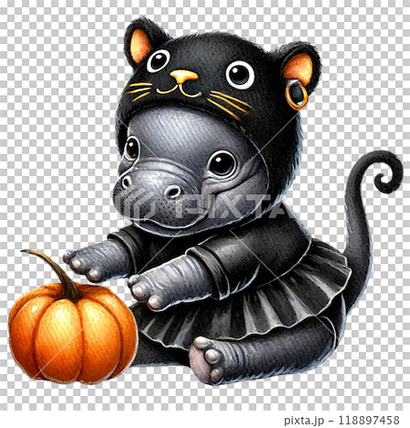 Cute hippo dressed as a cat holding a pumpkin, white isolate background. 118897458