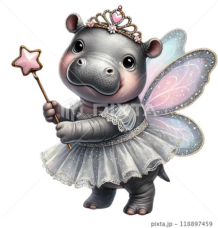Cute hippo dressed as a fairy, holding a wand, white isolate background. 118897459