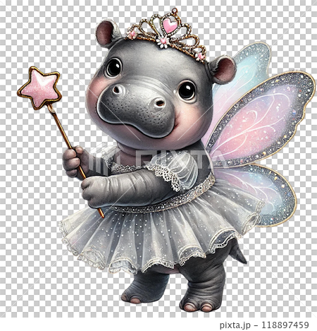 Cute hippo dressed as a fairy, holding a wand, white isolate background. 118897459