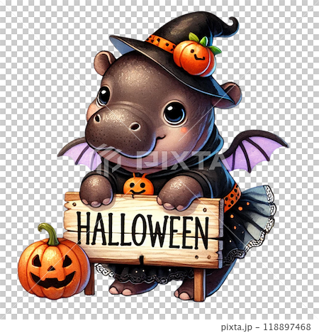 Cute hippo in Halloween costume holding a sign, white isolate background 118897468