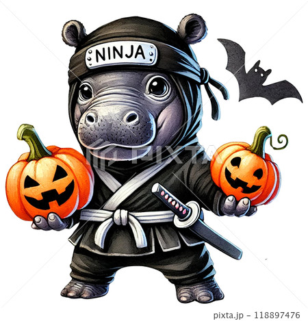 Ninja hippo holding pumpkins with Halloween expressions, isolated on white background. 118897476