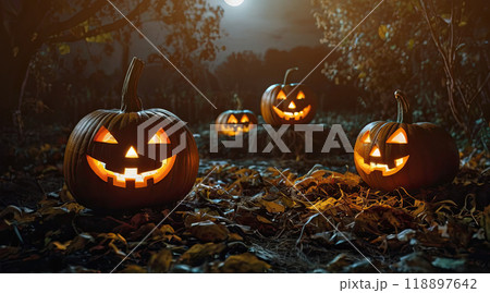 Pumpkins with spooky illuminated carved face 118897642