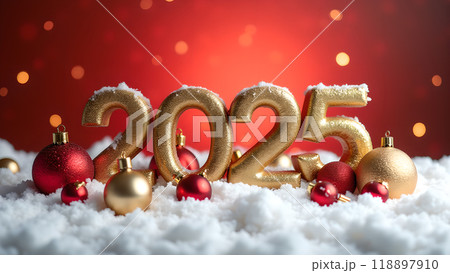 Red and Gold Christmas Ornaments on Snow happy new year 2025 Red and Gold Christmas Ornaments on Snow happy new year 2025 118897910