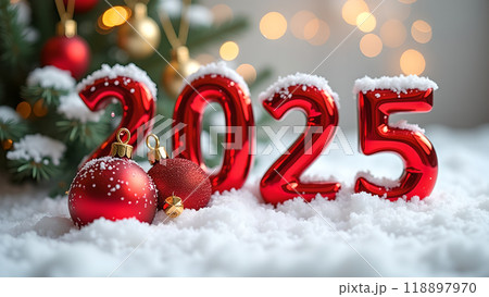 Red and Gold Christmas Ornaments on Snow happy new year 2025 Red and Gold Christmas Ornaments on Snow happy new year 2025 118897970