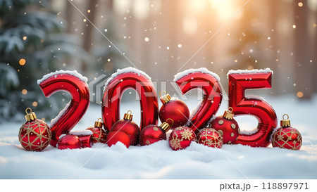 Red and Gold Christmas Ornaments on Snow happy new year 2025 Red and Gold Christmas Ornaments on Snow happy new year 2025 118897971