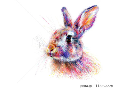 A vibrant, colorful portrait of a rabbit, rendered in a detailed, textured style. Perfect for nature-themed projects and designs seeking a touch of whimsy. Animals Art. 118898226