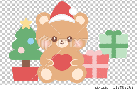手描き風のクリスマスプレゼントとクリスマスツリーとサンタクロースのクマのキャラクターのセット 118898262