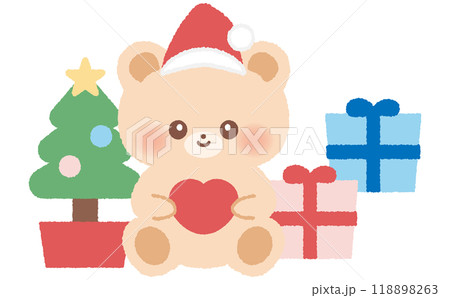 手描クリスマスツリーとサンタクロースの帽子をかぶったクマのキャラクターとクリスマスプレゼントのセット 118898263
