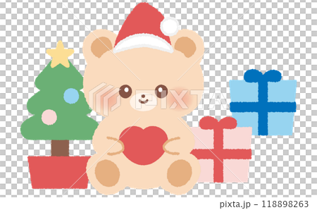 手描クリスマスツリーとサンタクロースの帽子をかぶったクマのキャラクターとクリスマスプレゼントのセット 118898263
