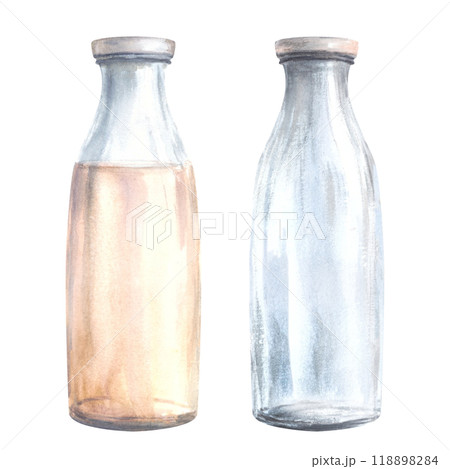 Glass milk bottle set Closed empty and with a milky drink. Watercolor hand drawn illustration.Clipart for beverage, cream, yogurt labels. Ecology, recycling product concept. Isolated from background.  118898284