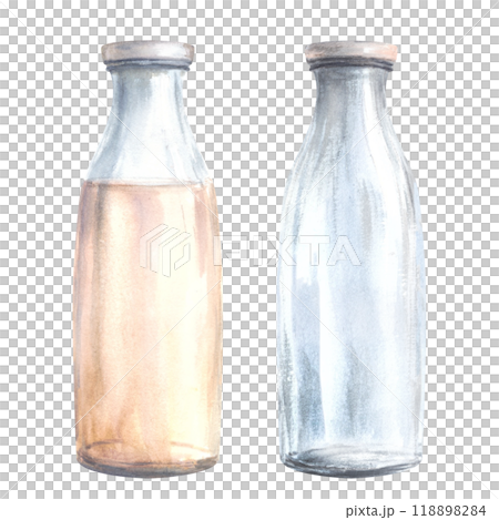 Glass milk bottle set Closed empty and with a milky drink. Watercolor hand drawn illustration.Clipart for beverage, cream, yogurt labels. Ecology, recycling product concept. Isolated from background.  118898284